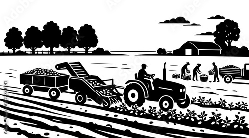 Potato Harvest Scene with Tractor Harvester and Farm Workers Vector Illustration