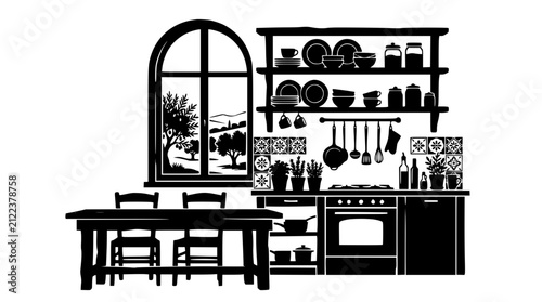 Rustic Kitchen Interior Silhouette with Arched Window and Dining Table Illustration