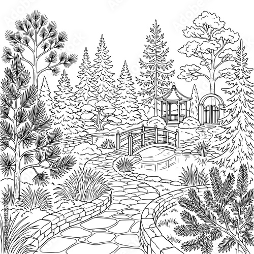 Serene Garden Landscape with Stone Path Bridge and Gazebo Coloring Page