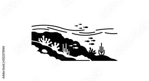 Minimalist underwater scene with coral reef and fish.
