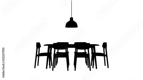 Silhouette of modern dining table set with six chairs and pendant light