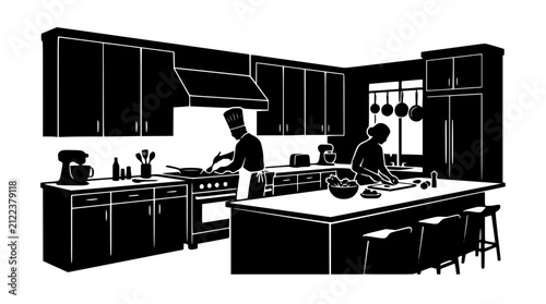 Silhouette of professional chefs cooking in a modern kitchen interior