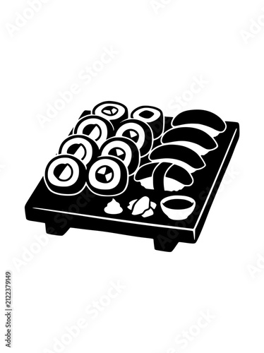 Sushi platter with maki rolls and nigiri black and white illustration