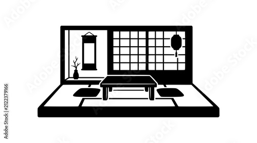 Traditional Japanese Washitsu Room Silhouette with Tatami and Table