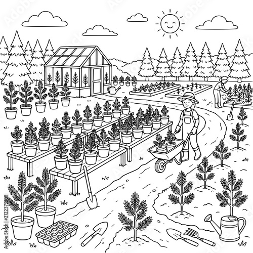 Tree Nursery Garden with Greenhouse and Potted Saplings Coloring Page for Kids