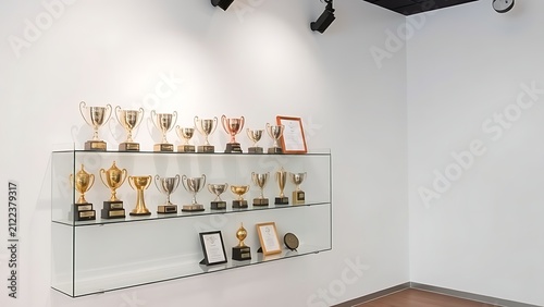 Modern showroom display of shining trophies and framed certificates under spotlight.
