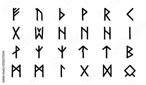 Foto Set of elder futhark runes featuring ancient viking alphabet characters isolated