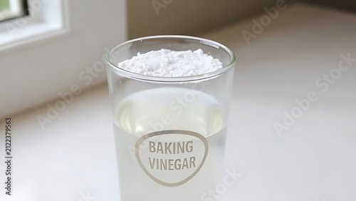 White baking soda powder on the rim of a glass filled with clear vinegar.