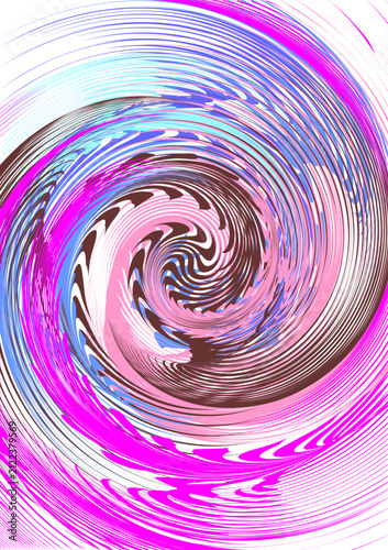 Vibrant abstract spiral artwork featuring flowing magenta, blue, pink, and brown curved lines on a clean white background. Dynamic motion, modern digital design, and bold geometric energy create a str