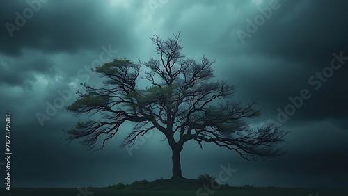 A lone tree being whipped by strong winds during a storm, branches shaking dramatically.