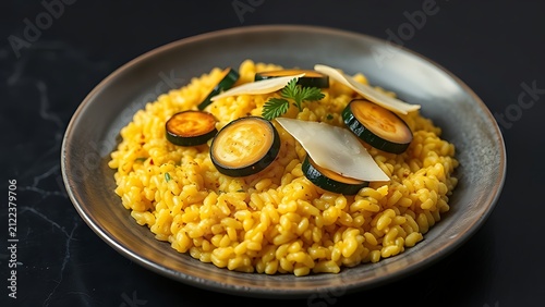 Italian saffron risotto with zucchini and Parmesan on a dark surface.