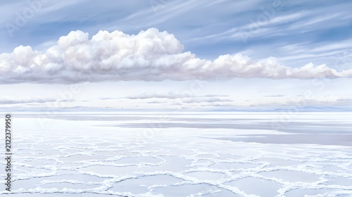 Serene salt flats landscape watercolor art evoking peaceful isolation under a vast dramatic sky