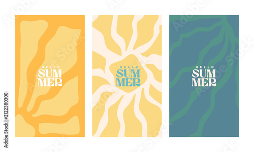 A creative concept for a bright and fresh summer card set. Modern abstract art design featuring shapes and wavy lines. Templates for celebrations, advertisements, branding, banners, covers, labels, po
