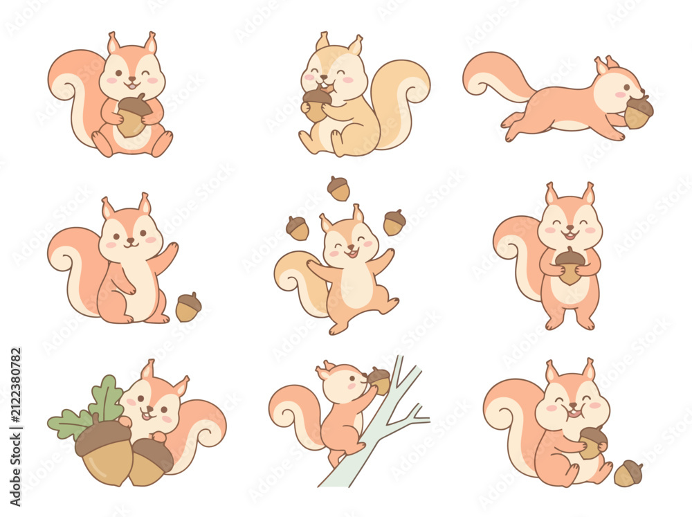 Obraz premium cute cartoon squirrel character collection with acorns in various playful activities and poses.