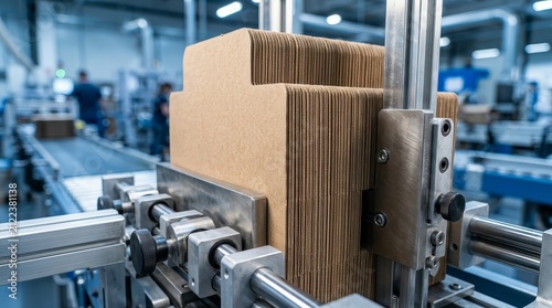 Cardboard box elements are collected in a stack on an automated production line.