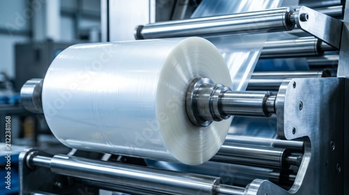 Industrial machine with a roll of polyethylene plastic film in a factory.