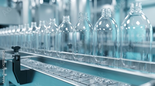 Industrial production of plastic PET bottles on an automated factory line.