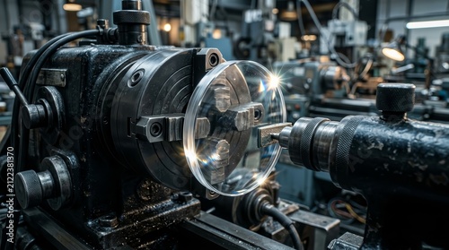 Precision lens manufacturing process in an old laboratory.