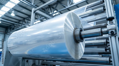 Automatic polyethylene plastic bag production machine with cinematic lighting.