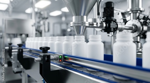 Medicine pills are being filled into white bottles on a pharmaceutical production line machine.