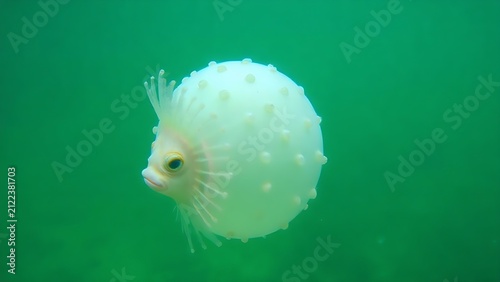 Pufferfish inflated in clear water with spherical body form.