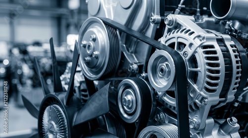 Close up of a belt drive system on a diesel engine electric generator.