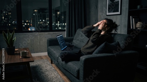 Tired woman sitting sofa covering eyes hands working late laptop night