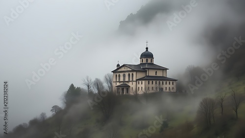 An ancient monastery isolated in a misty valley, architectural detail and moody atmosphere.