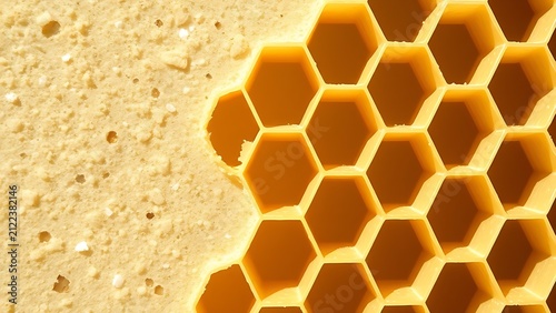 Honeycomb structure showing repair pattern with new and old wax in natural light.