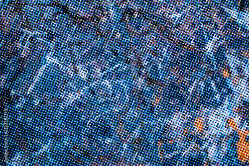 Textured digital graphic art featuring a dark blue and orange speckled halftone pattern with abstract organic lines and vintage aesthetic.