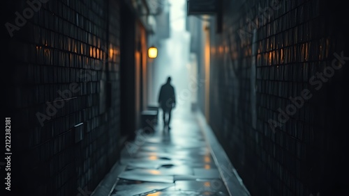 A narrow, wet alleyway glistening after rain, a blurred figure walks away in the distance under misty light.