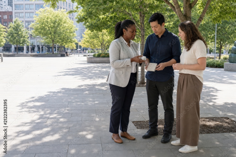 Fototapeta premium Urban Heat Mapping Planners Discussing Plaza Shade