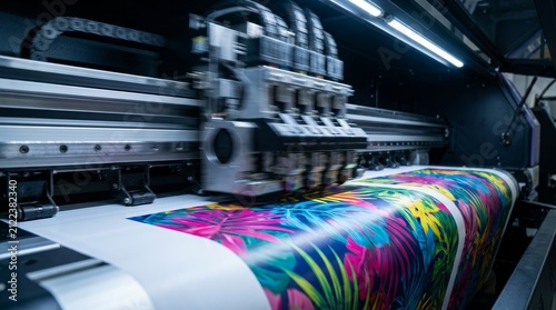 Industrial wide format printer printing a colorful picture on paper.