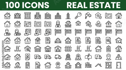 Canvastavla Real estate line icons featuring houses buildings and property signs