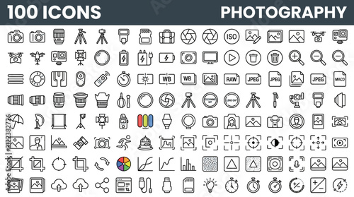 Comprehensive photography icon set for camera gear and settings