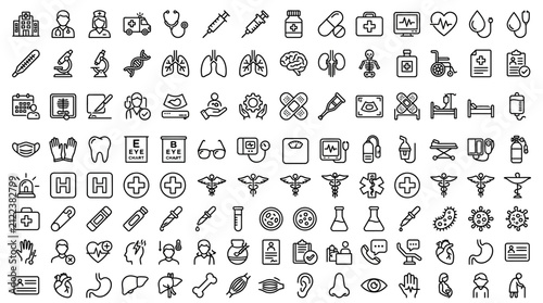 Comprehensive medical line icon collection for healthcare and wellness