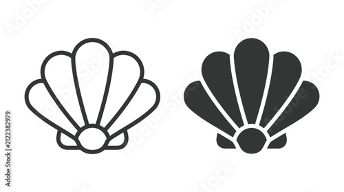 Seashell outline and solid black silhouette icons displayed in a clean simple flat vector style