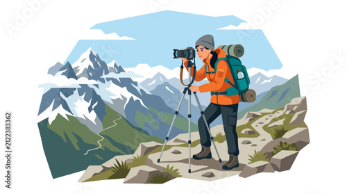 Female photographer exploring mountain landscape with camera and backpack in snowy peaks with dressed warmly backpack rugged terrain photographer capturing scenic