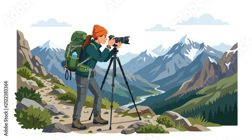 Female photographer capturing mountain landscape with camera and tripod on scenic hiking trail with photographer backpack taking mounted tripod