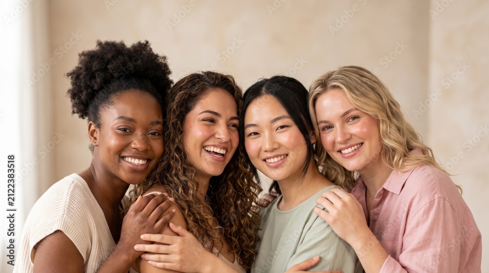 Obraz premium Four diverse female friends smiling together indoors, celebrating friendship, beauty, inclusion, and confidence