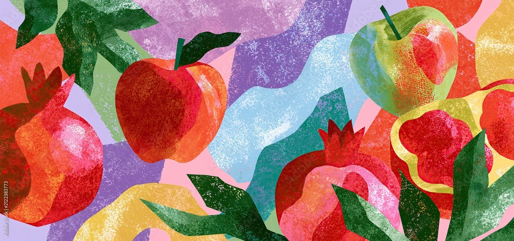 Obraz premium Jewish New Year card with artistic apples and pomegranates on a colorful abstract backdrop for holiday greetings.