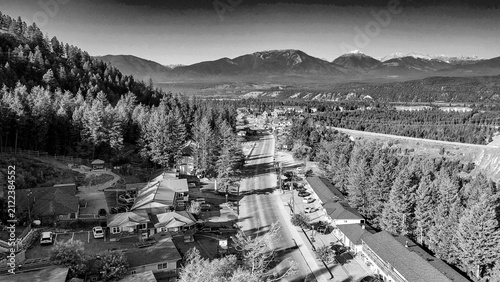 Bild auf Leinwand Aerial drone view of Radium Hot Springs on a sunny summer day in Canada