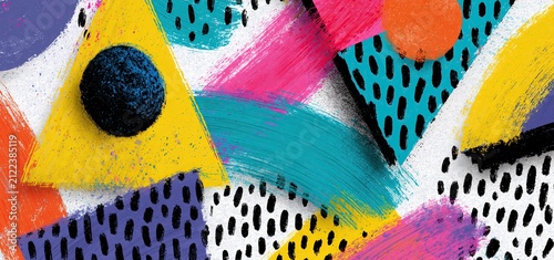 Colorful geometric shapes layered dynamically on a textured background, creating a bold abstract design for creative branding.