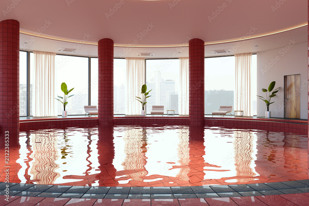 Fototapeta premium Modern indoor swimming pool interior with reflective water, red tiled columns, panoramic windows, plants, and contemporary lounge design. 3D Rendering