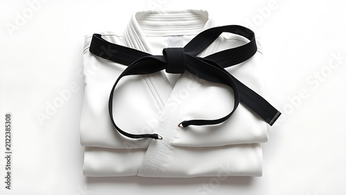 A neatly folded white karate gi with a black belt on top, ceremonial arrangement.