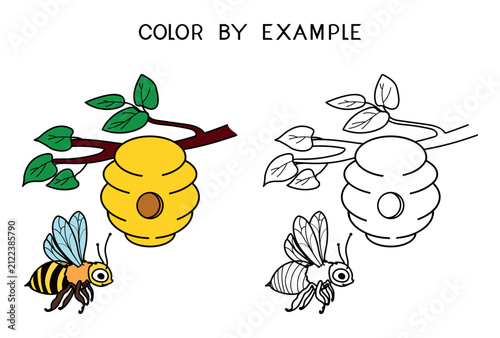 Coloring page with with a worker honey bee and a beehive