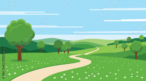 Peaceful rural landscape illustration with path, trees, and rolling hills