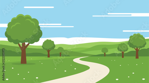 Scenic nature vector illustration of a path through green hills and trees