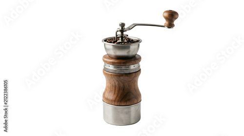 Manual coffee grinder isolated on white background, ideal for cafe, coffee shop, and kitchen design projects, and creative projects, high quality visuals, modern branding needs, advertising
