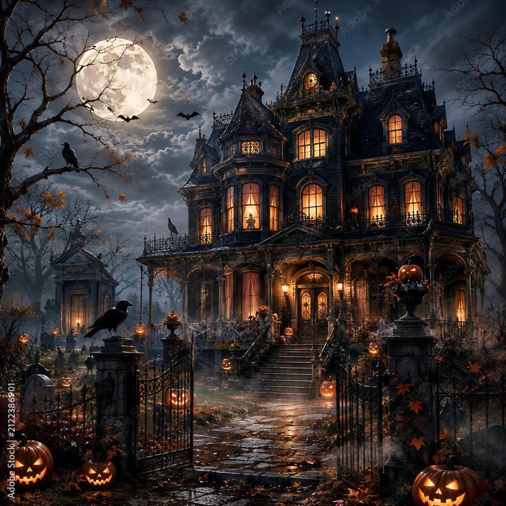 Fototapeta premium Haunted Victorian Mansion Under Full Moon with Halloween Pumpkins, Gothic Horror Night Scene